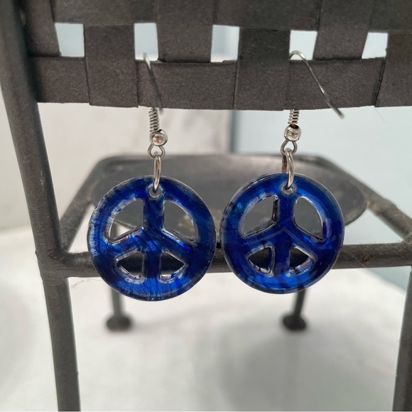 Blue Glass Peace Sign Earrings - Picture 5 of 6
